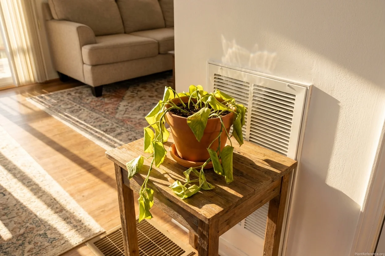 Drooping pothos placed too close to heating vent showing temperature stress