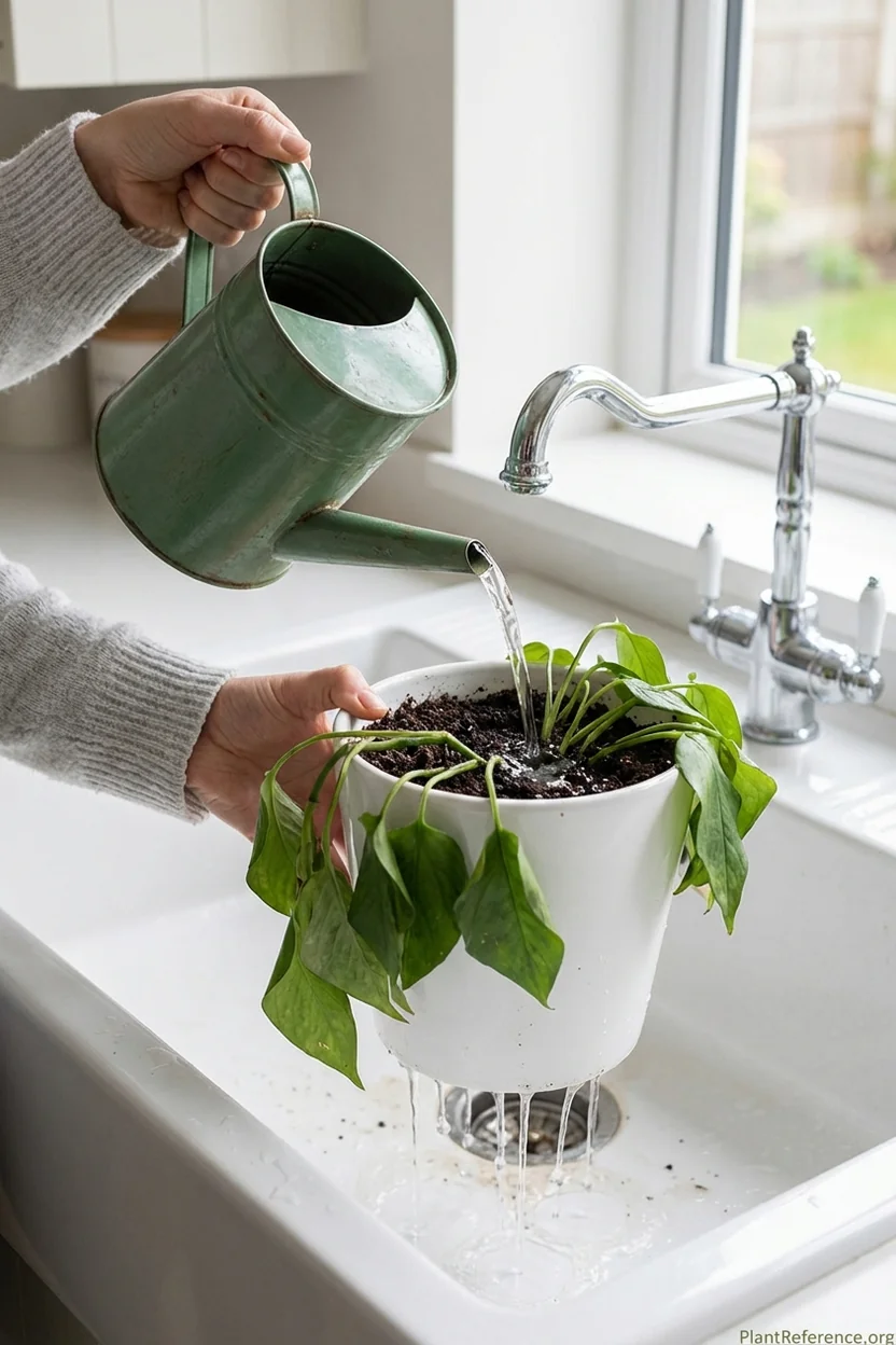 Watering drooping pothos thoroughly with water flowing from pot drainage holes