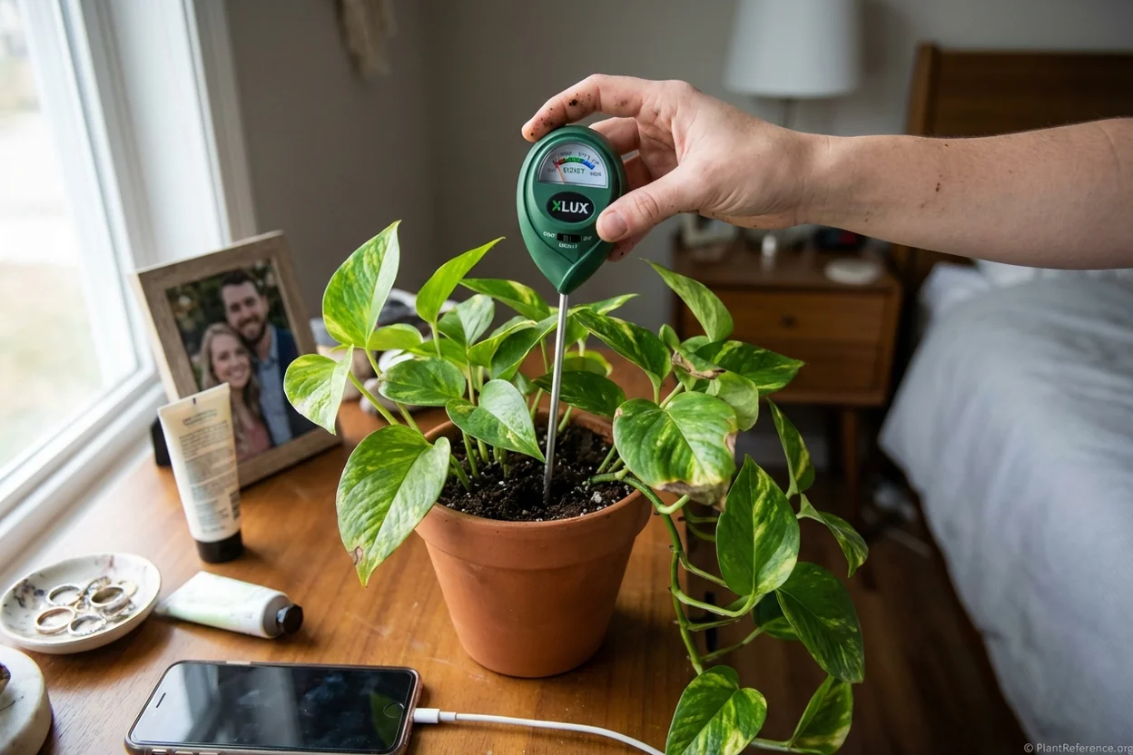 Using moisture meter to test pothos soil moisture levels for proper watering
