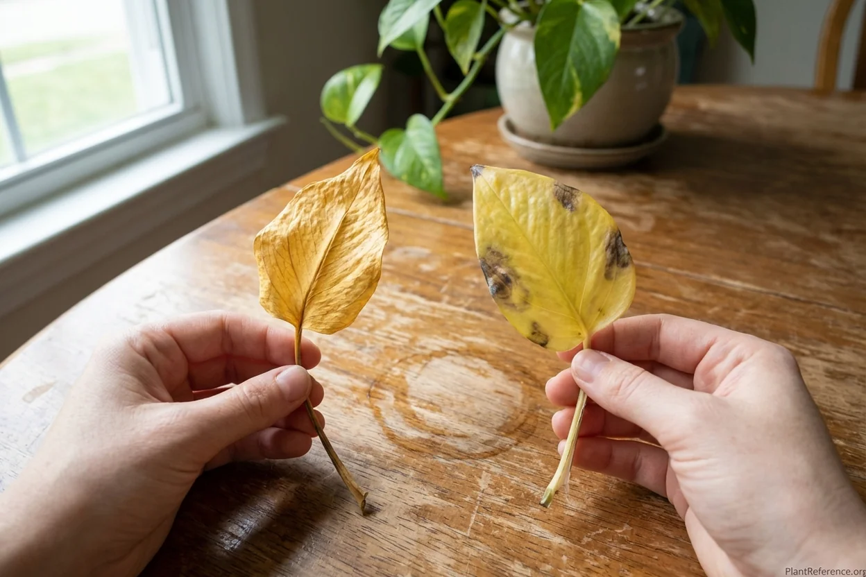 Comparison of natural pothos leaf aging versus overwatering yellowing symptoms