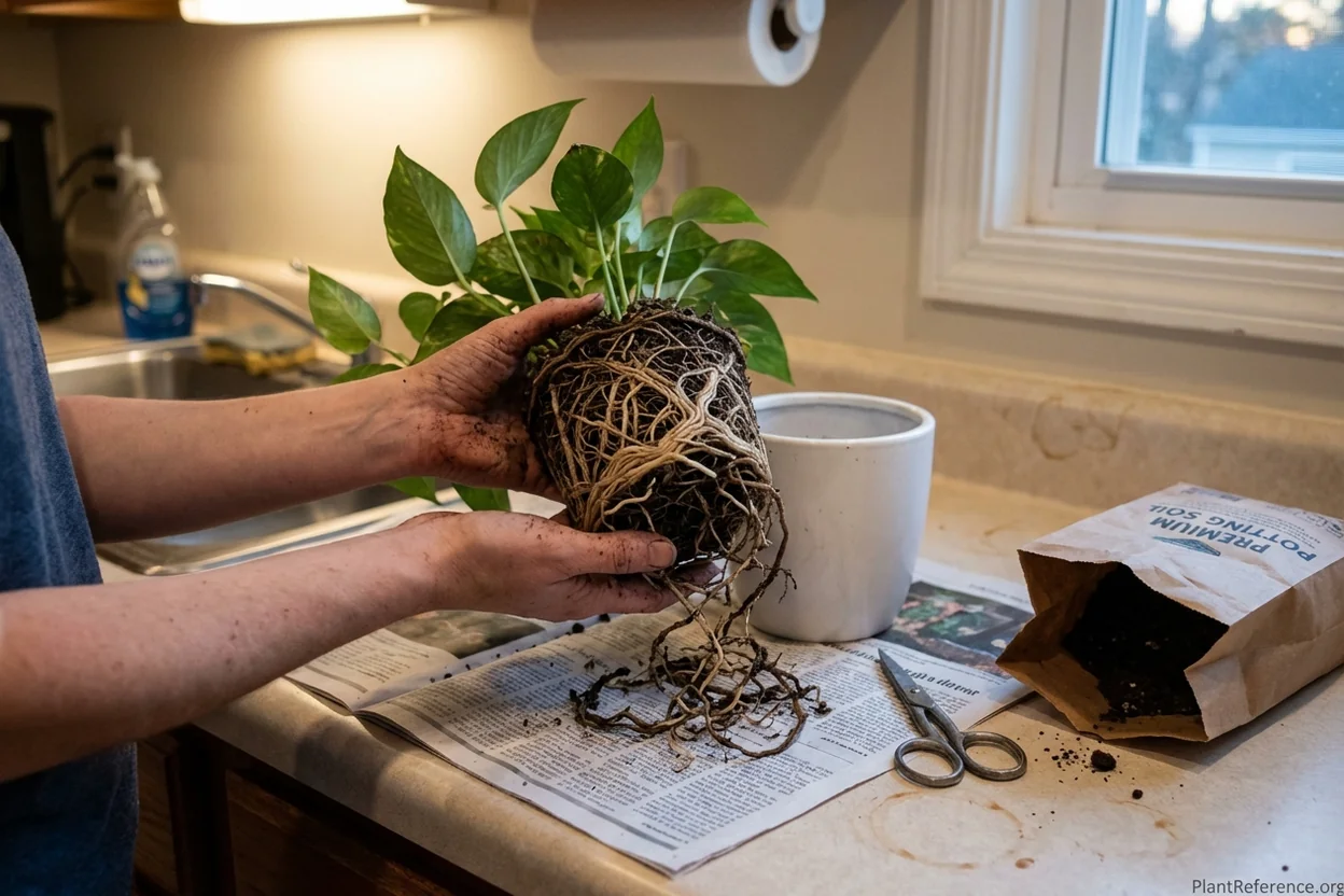 Pothos root system inspection showing healthy white roots and damaged black roots