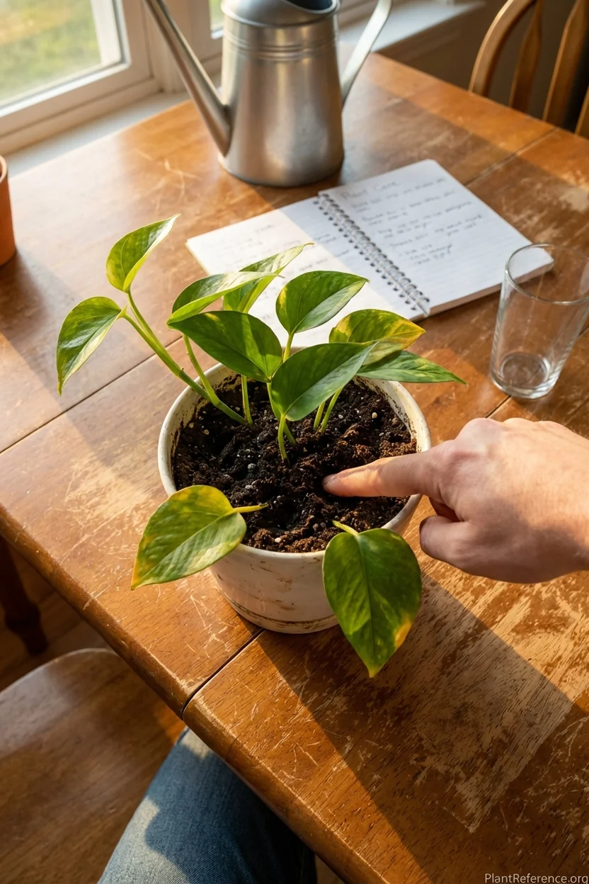 Finger testing soil moisture in pothos pot to diagnose yellow leaves cause