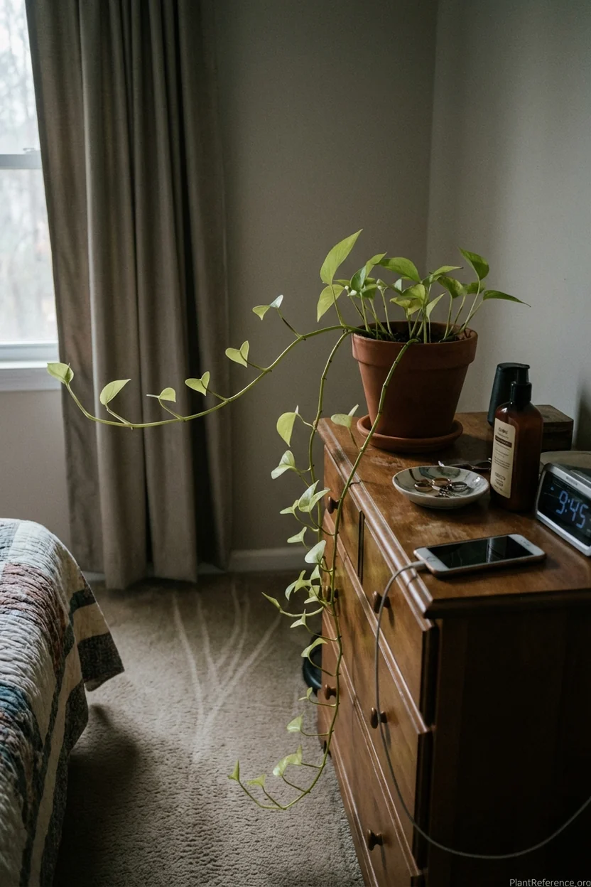 Stretched pothos growth pattern showing signs of insufficient lighting conditions