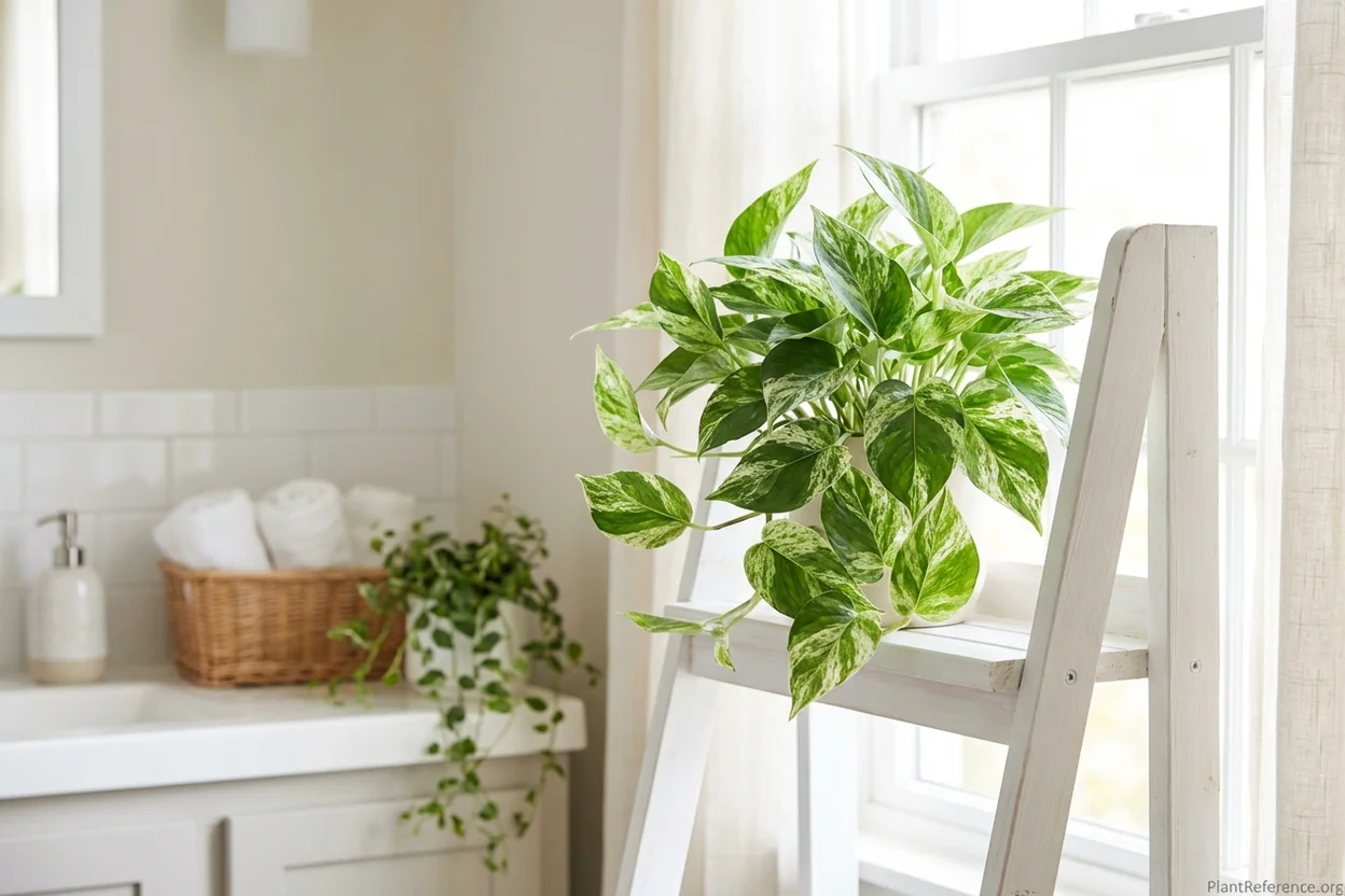 Marble Queen pothos displaying healthy white and green variegation in bright indirect lighting