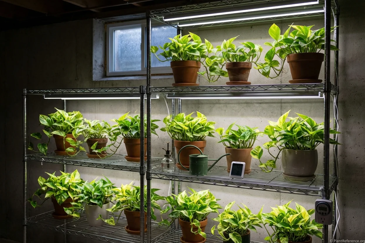 Healthy pothos growing under full spectrum LED grow lights in low-light indoor environment