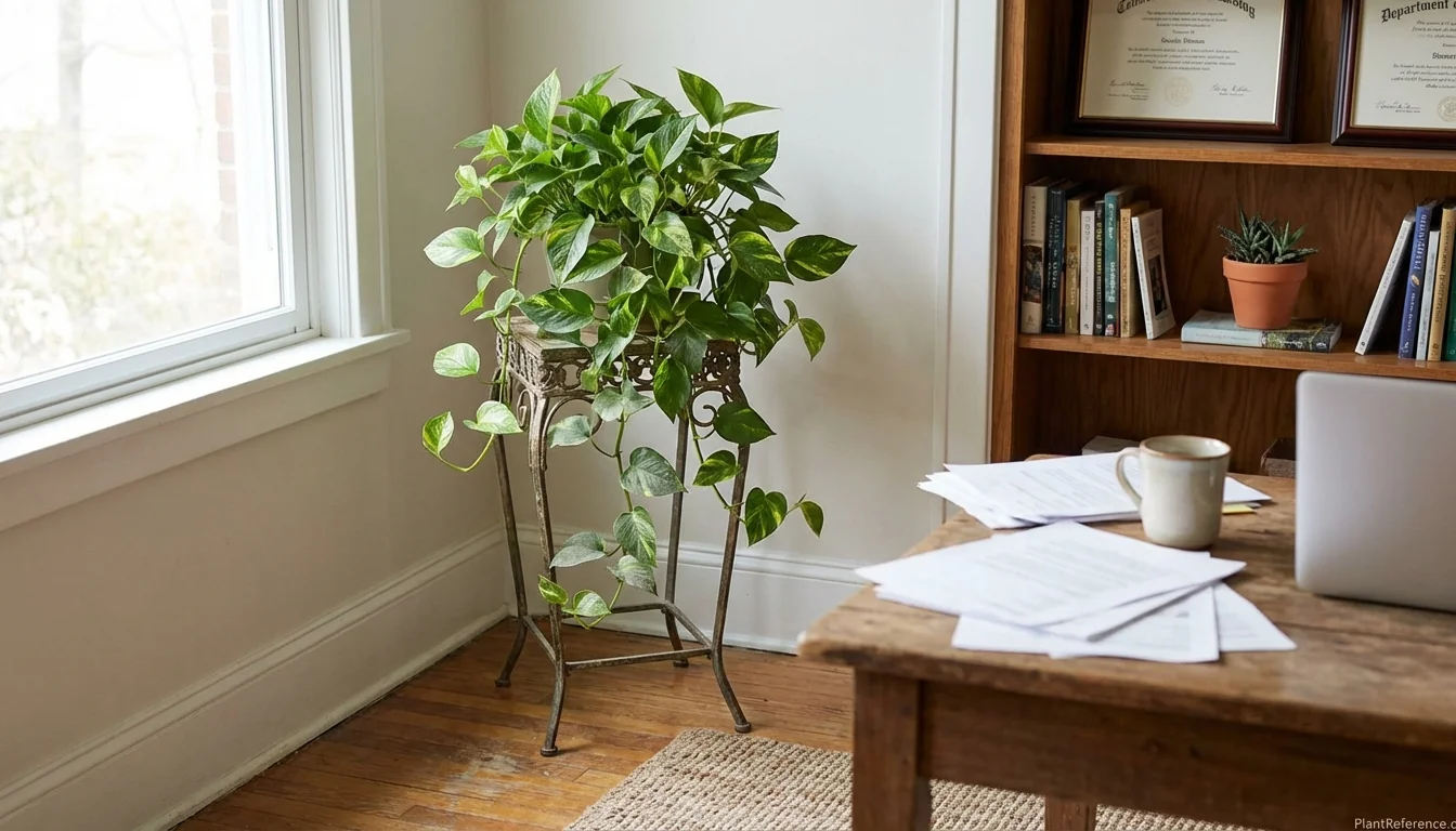 Healthy pothos with vibrant variegation thriving in bright indirect light near office window