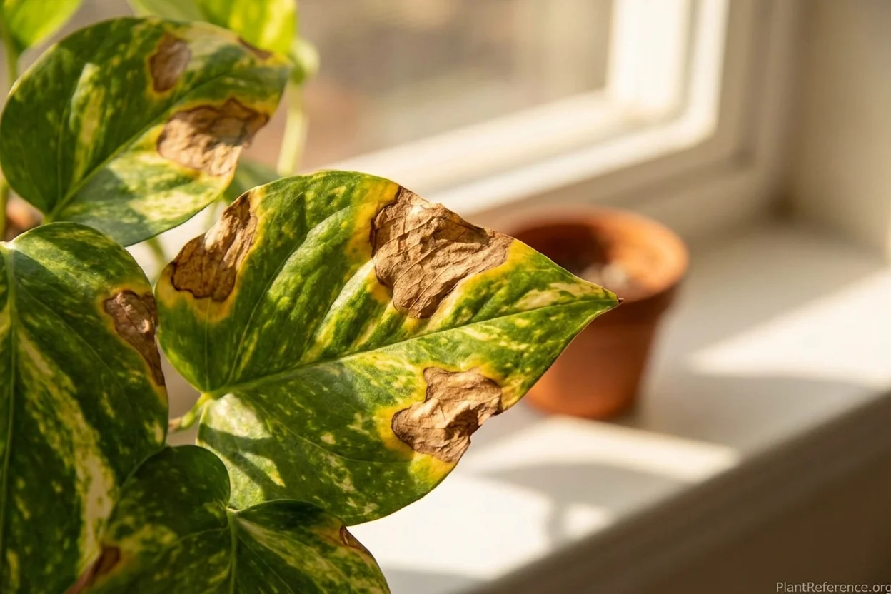 Pothos leaves displaying sunburn damage from excessive direct sunlight exposure
