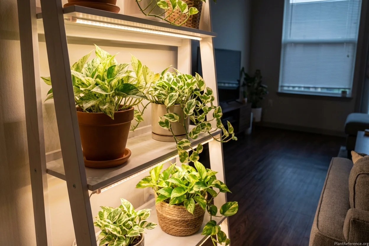 Variegated pothos under LED grow lights in apartment showing indoor lighting solution