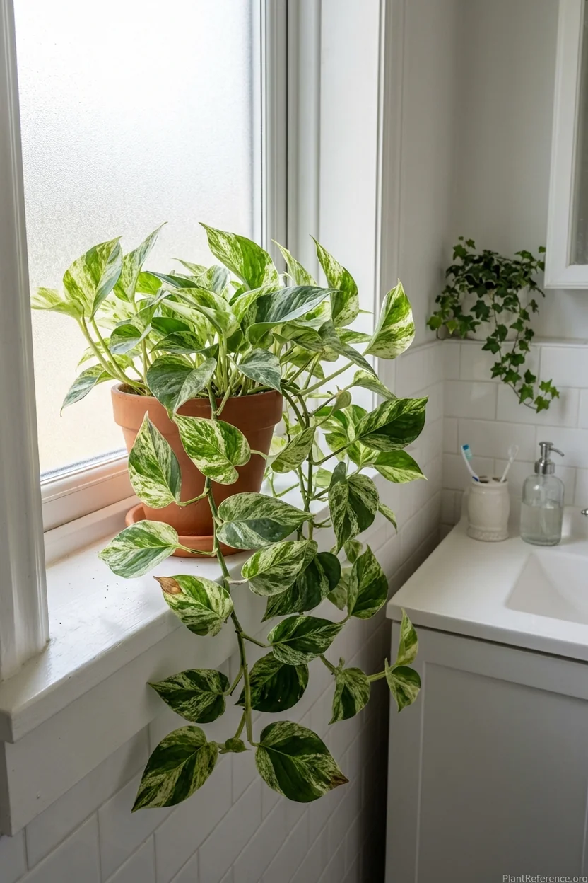 Variegated pothos in bright indirect light showing proper placement for maintaining variegation