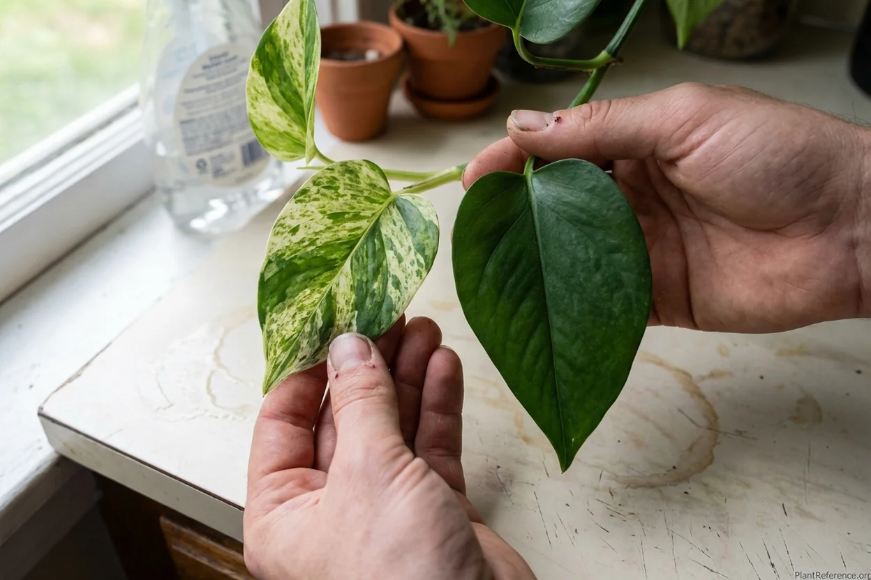 Close up of pothos losing variegation showing variegated leaf next to solid green leaf