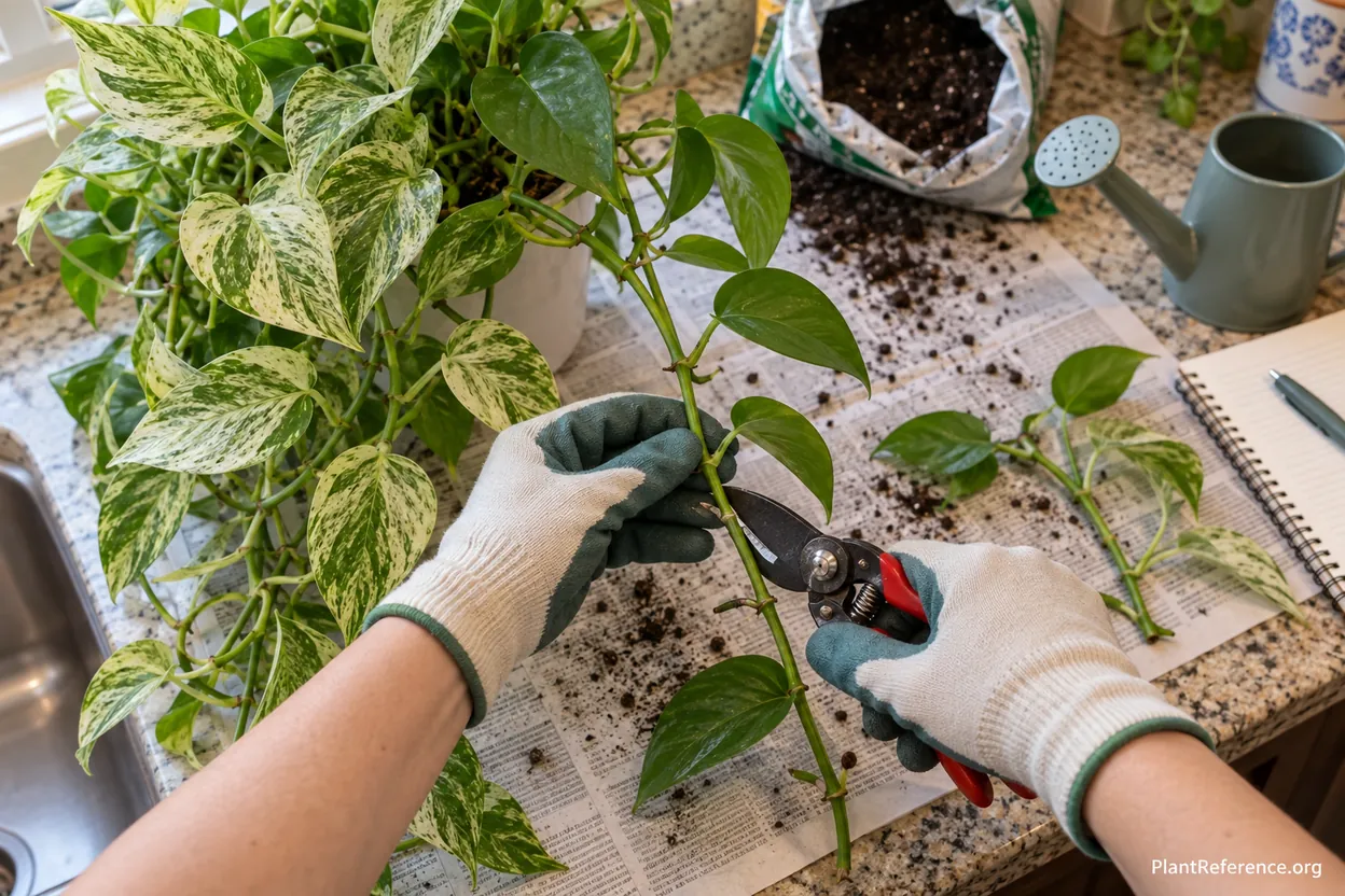 Pruning solid green pothos growth to maintain variegation with clean cuts