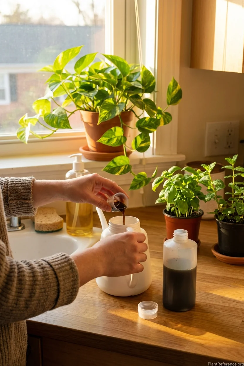Hand applying liquid fertilizer to pothos plant for faster growth