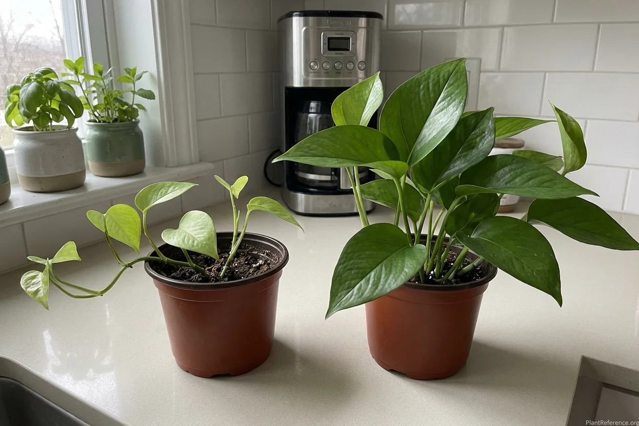 Pothos not growing comparison showing small stressed leaves versus healthy large new growth