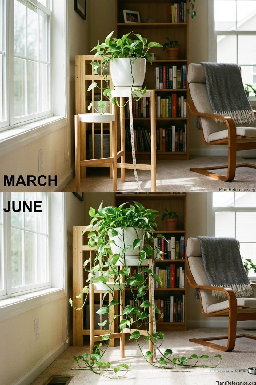 Three month pothos growth comparison showing dramatic vine extension