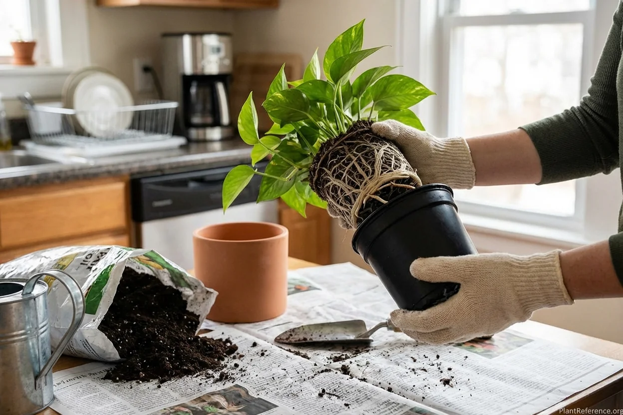 Rootbound pothos with circled roots limiting growth being repotted