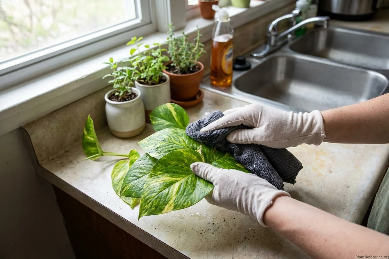 Hands cleaning pothos leaves with damp cloth for pest prevention maintenance