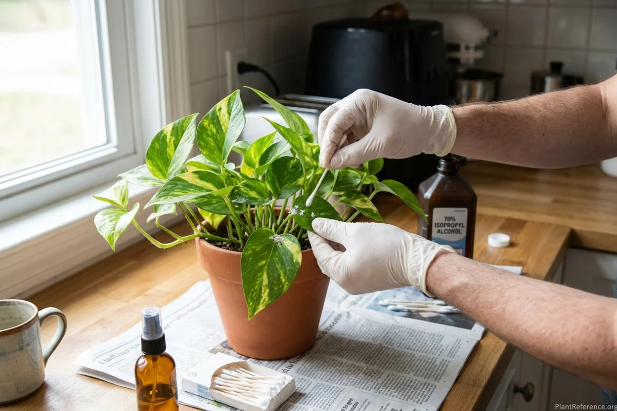 Hands using cotton swab dipped in rubbing alcohol to treat mealybugs on pothos