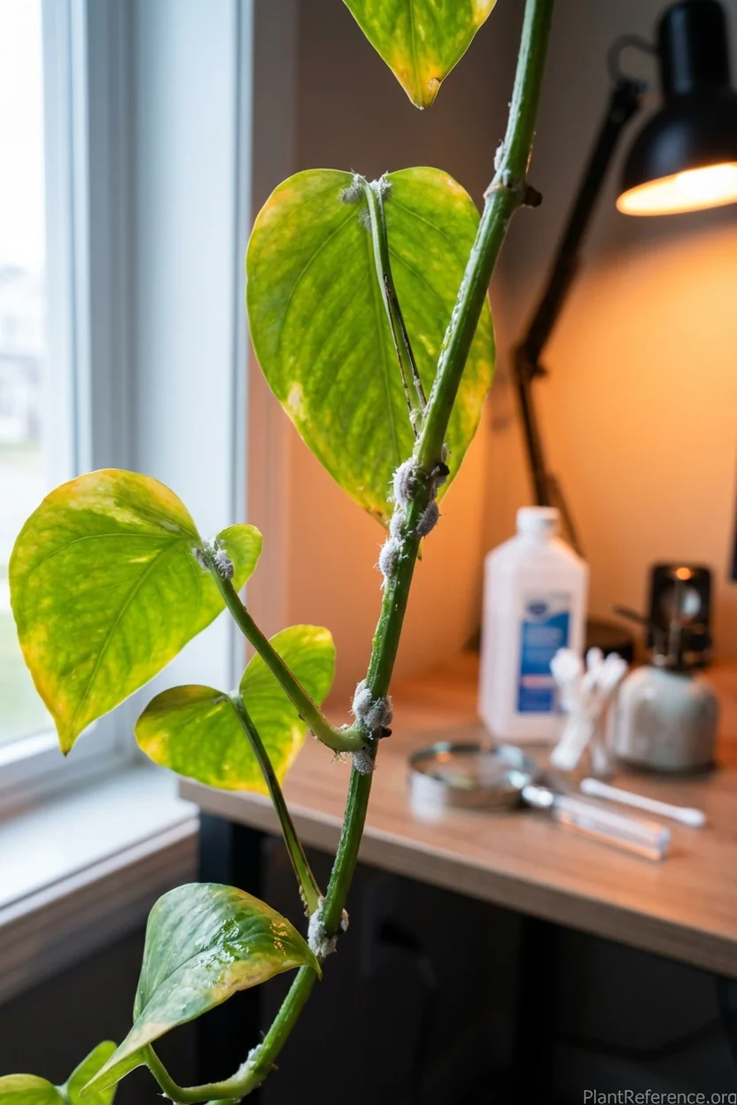 Close-up view of white cottony mealybugs on pothos stem joints and leaf bases