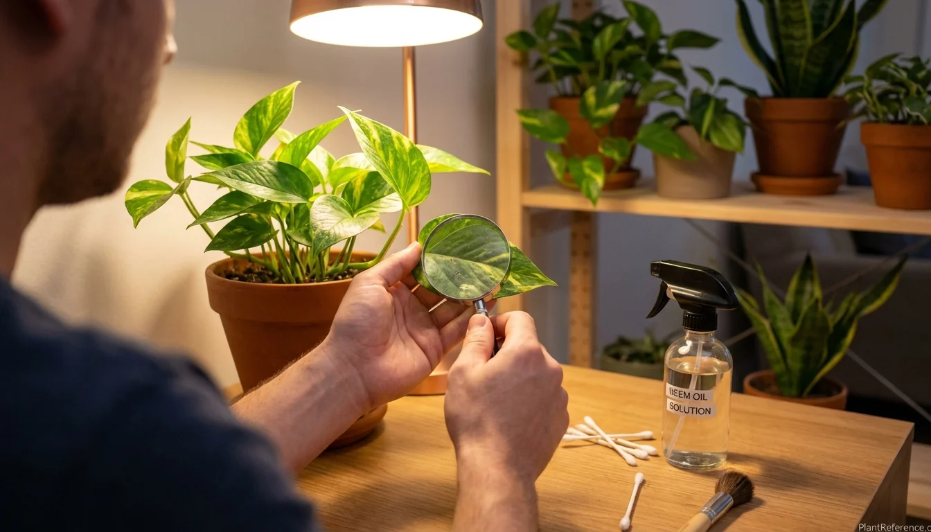 Person inspecting pothos leaves for mealybugs and spider mites with magnifying glass