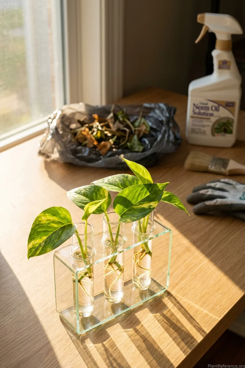 Healthy pothos cuttings propagating in glass vessels after removing pest-infected sections