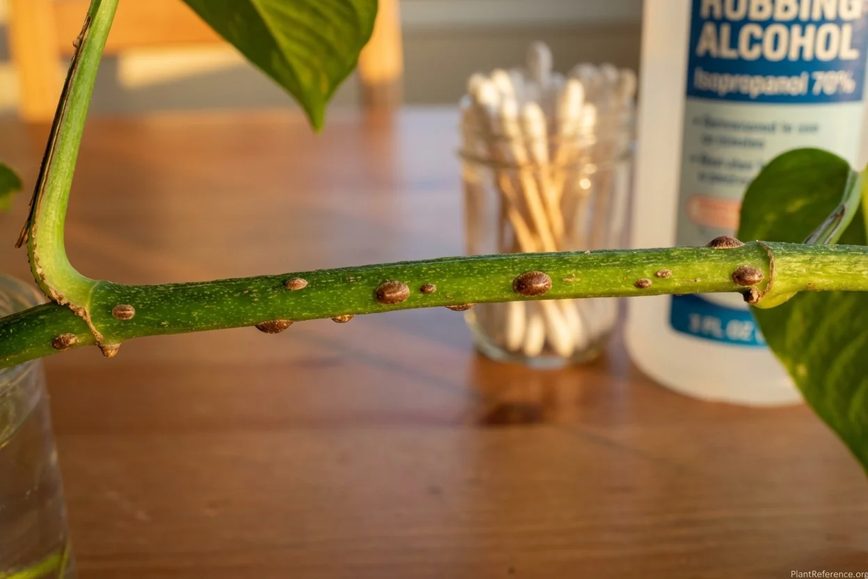 Brown scale insects attached to pothos stem showing characteristic bump appearance