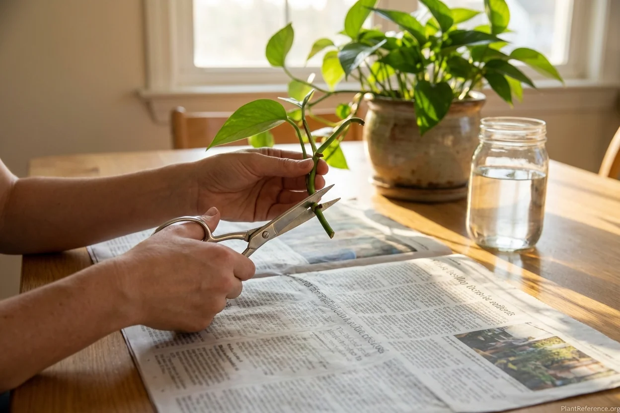 Hands demonstrating proper pothos cutting technique with scissors below node