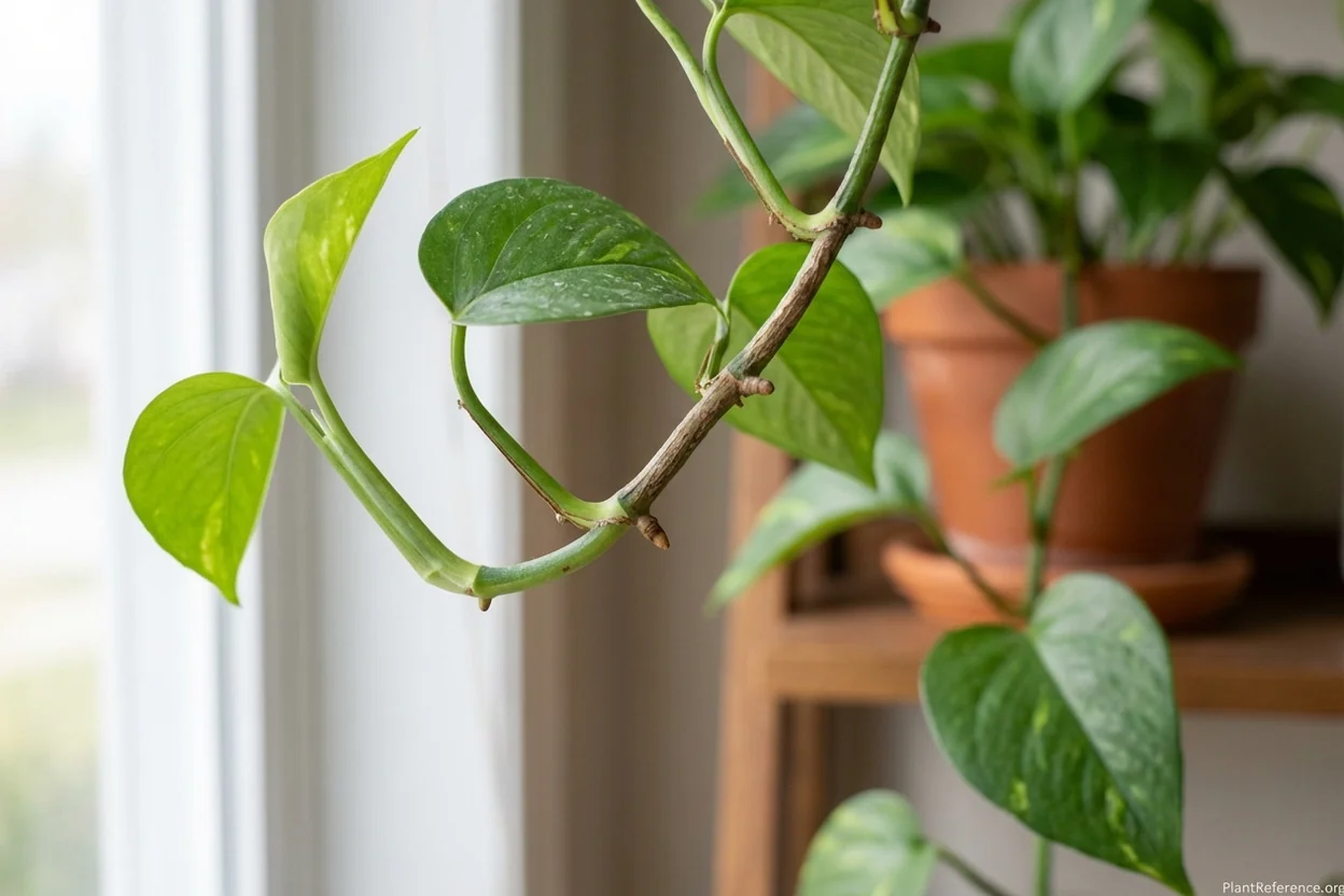 Close-up view of pothos vine nodes with visible aerial root bumps for propagation