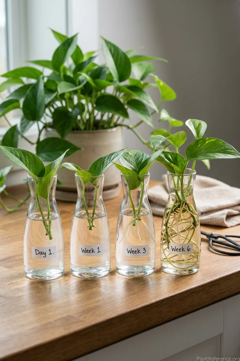 Pothos cuttings at different root development stages in glass vessels
