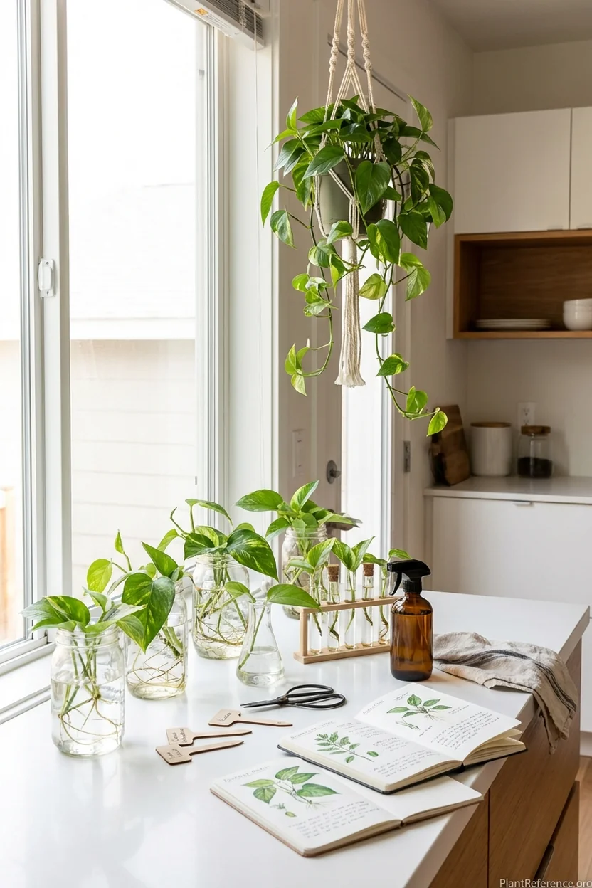 Organized kitchen windowsill propagation station with multiple pothos cuttings and supplies