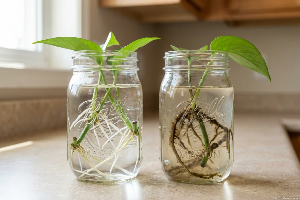 Comparison of healthy white pothos roots versus unhealthy brown rotting roots