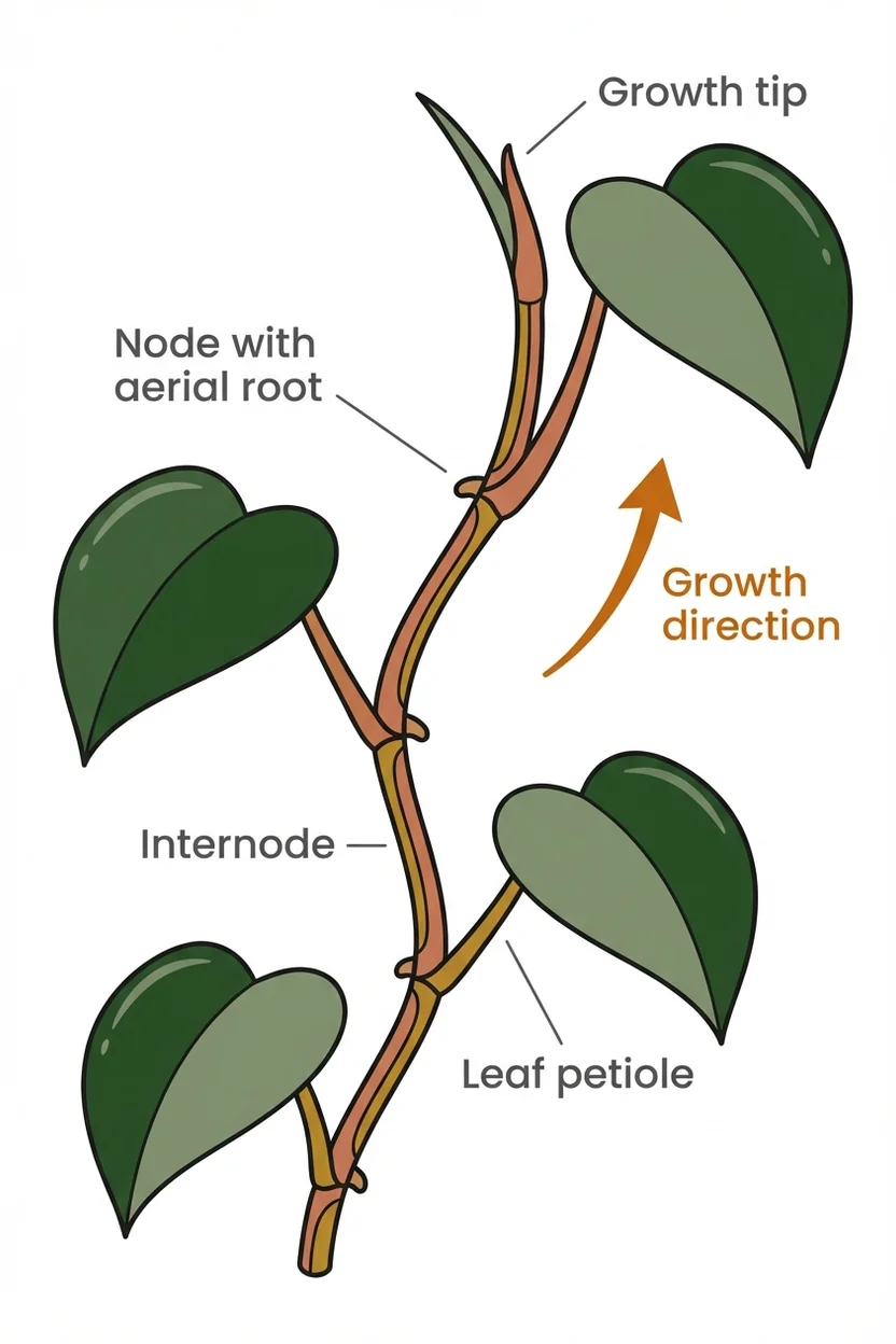 Educational diagram showing pothos vine structure with nodes and internodes clearly labeled