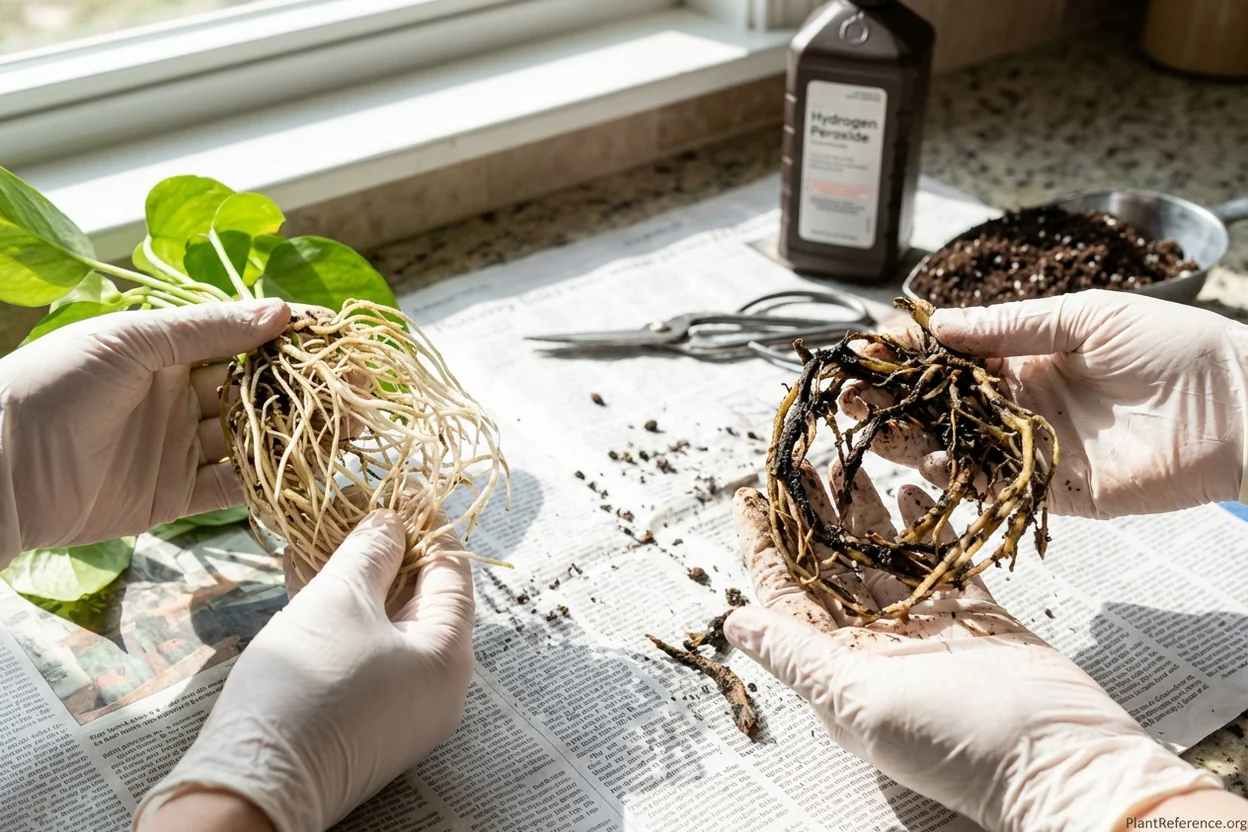 Side-by-side comparison of healthy white pothos roots and black rotted roots from overwatering