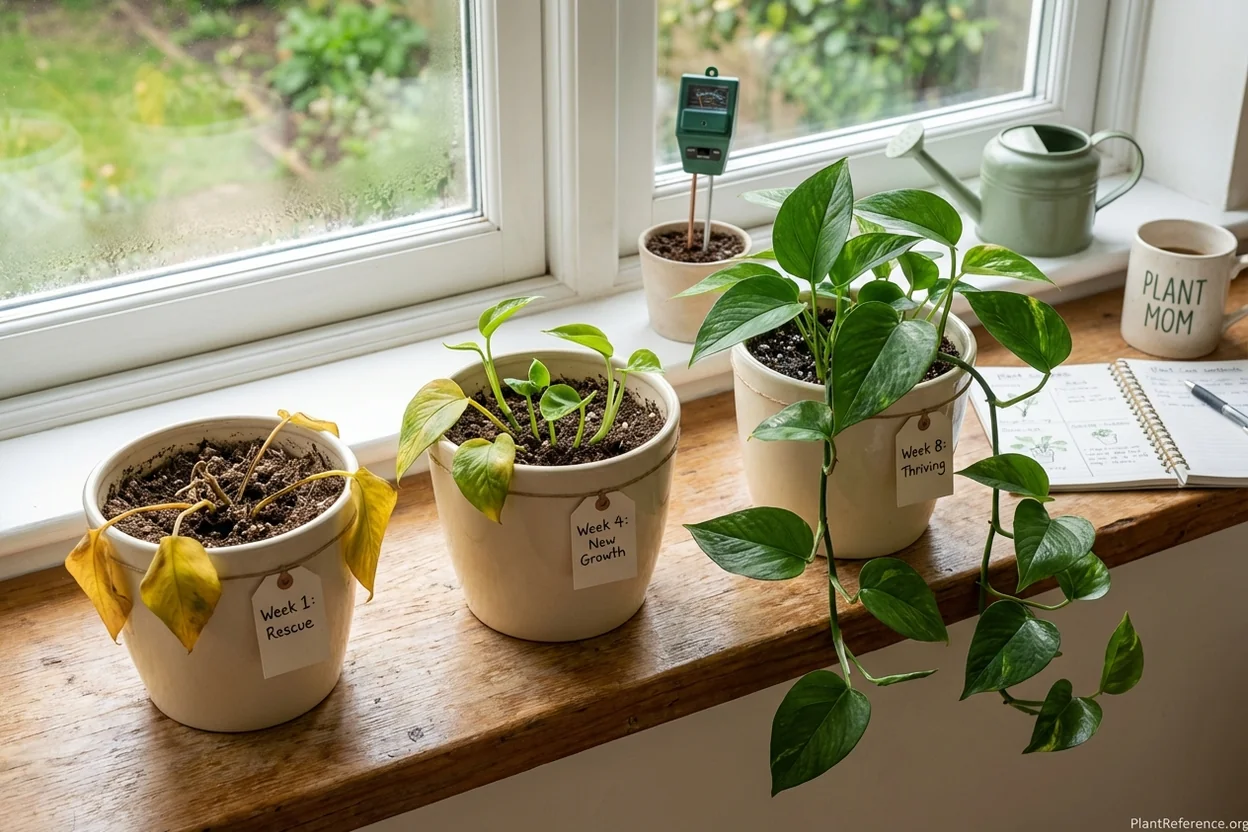 Pothos plant recovery stages showing progression from rescue through healthy new growth