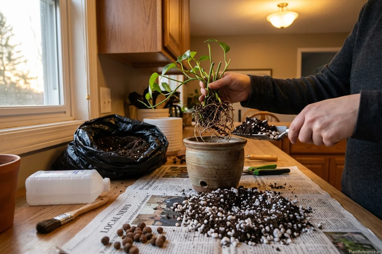 Repotting pothos after root rot rescue using fresh well-draining soil mixture
