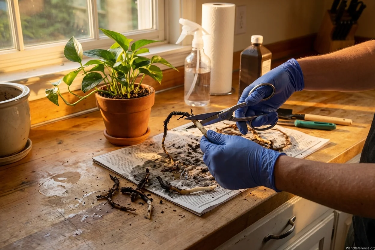 Hands using scissors to cut black rotted roots from pothos during emergency rescue