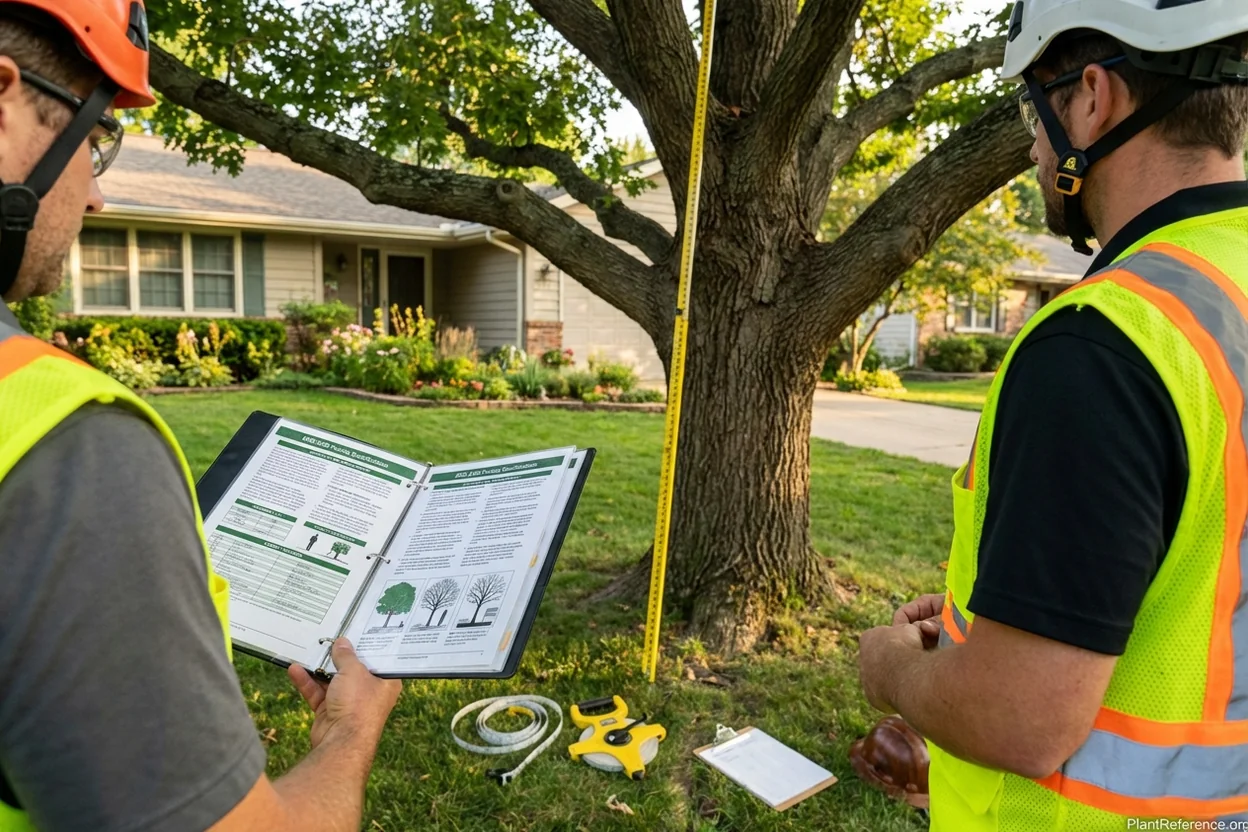 ANSI A300 compliant pruning specification sheet with measurements being verified on mature oak tree