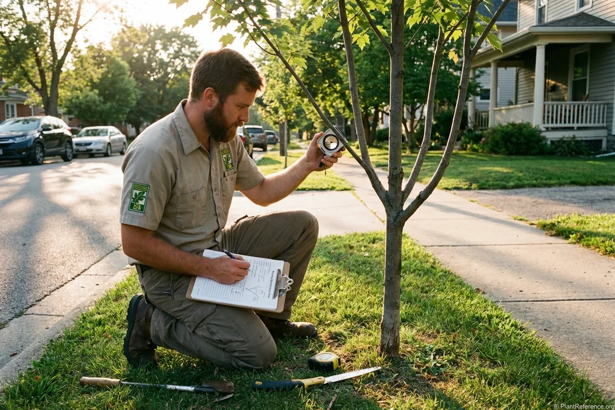 Professional arborist documenting prescriptive pruning specifications for young maple tree on clipboard