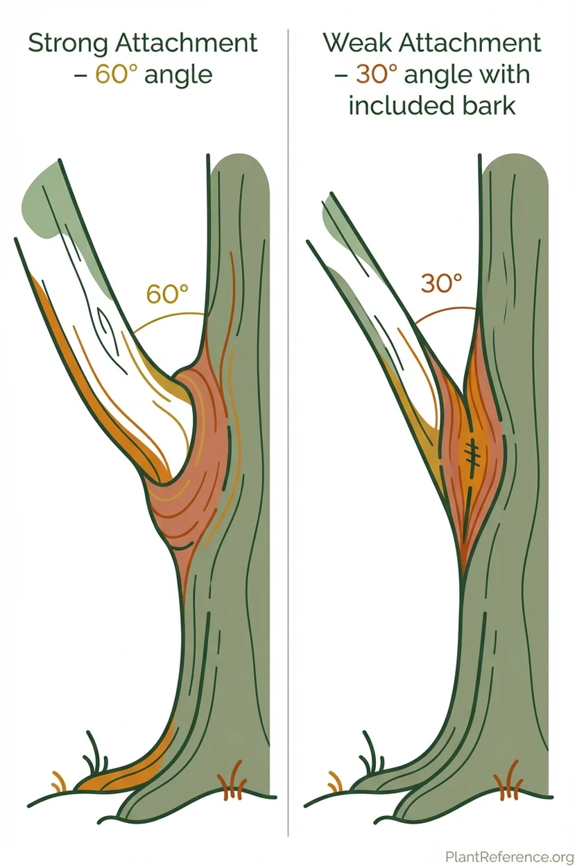 Educational diagram comparing strong U-shaped branch attachment with weak V-shaped branch union