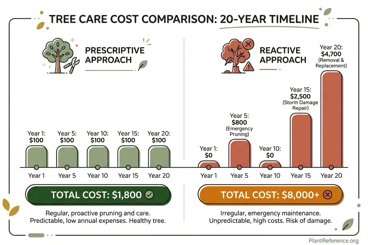 Cost analysis chart comparing prescriptive pruning investment versus reactive maintenance expenses over 20 years
