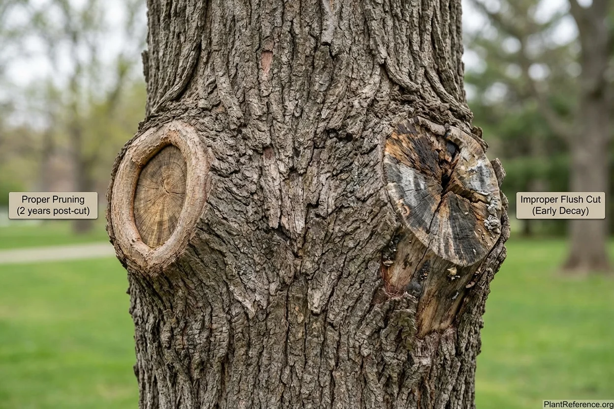 Comparison showing clean wound closure from proper branch collar cut versus decay from improper flush cut