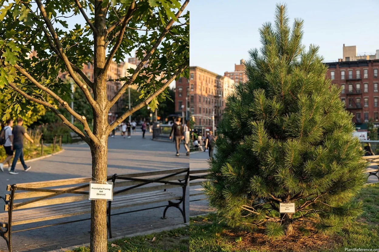 Side-by-side comparison of structural pruning techniques for oak and pine trees showing species differences