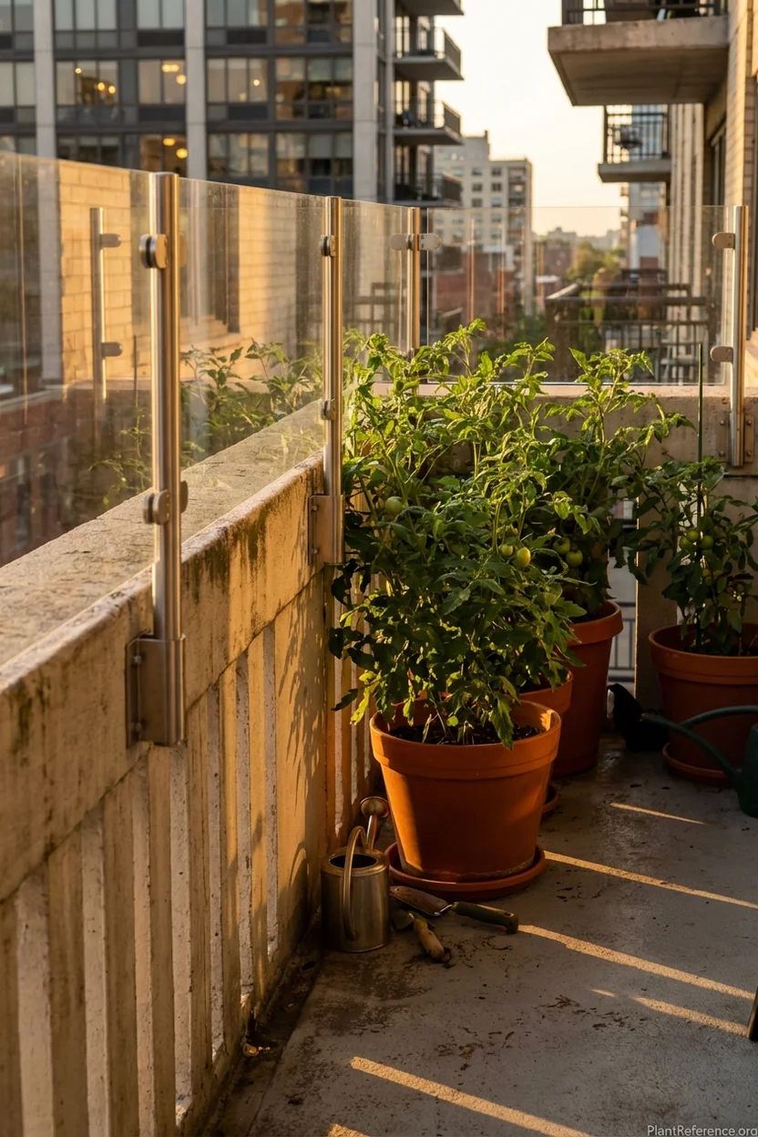 Clear acrylic windbreak panels mounted to balcony railing protecting container tomato plants from wind