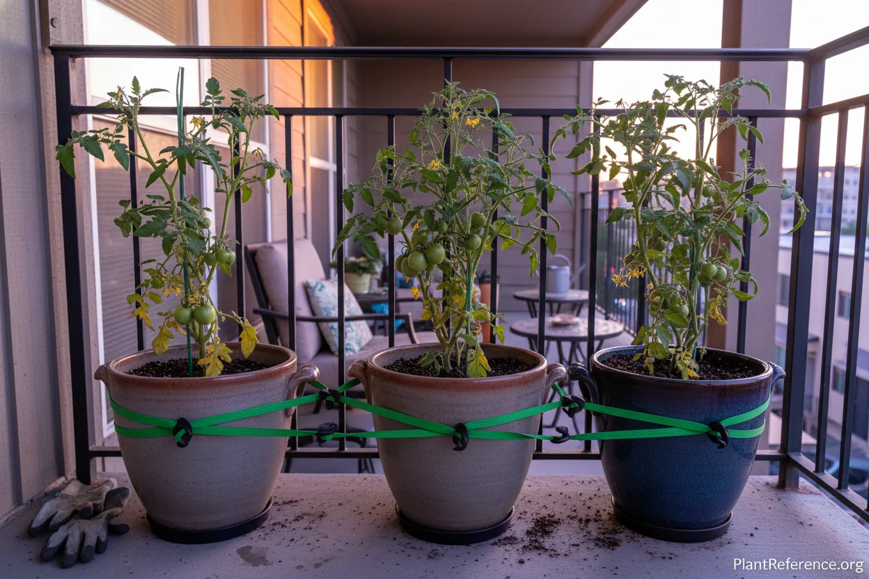 Heavy ceramic pots with bungee cord anchoring system securing container tomatoes to balcony railing
