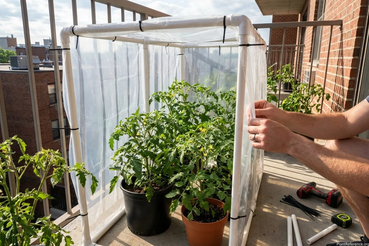 Homemade PVC pipe wind barrier with clear plastic covering protecting container tomato plants on balcony