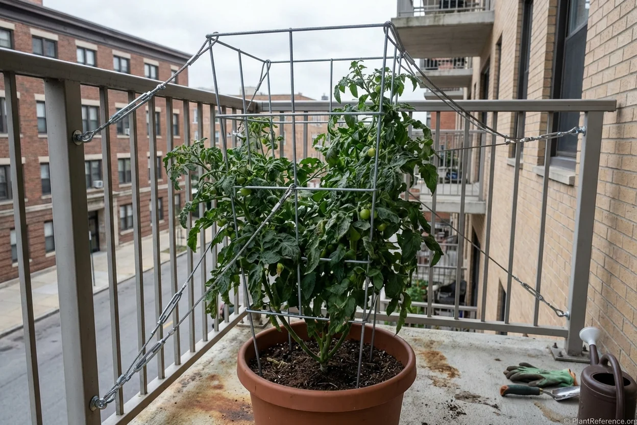 Galvanized steel tomato cage anchored to balcony railing with guy wires supporting healthy container tomato