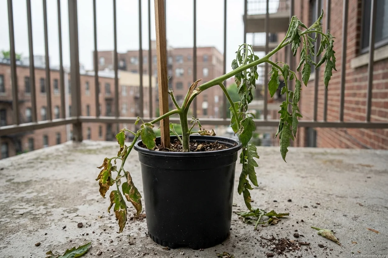 Wind damaged container tomato showing broken stem, dried leaf edges, and stress symptoms on balcony