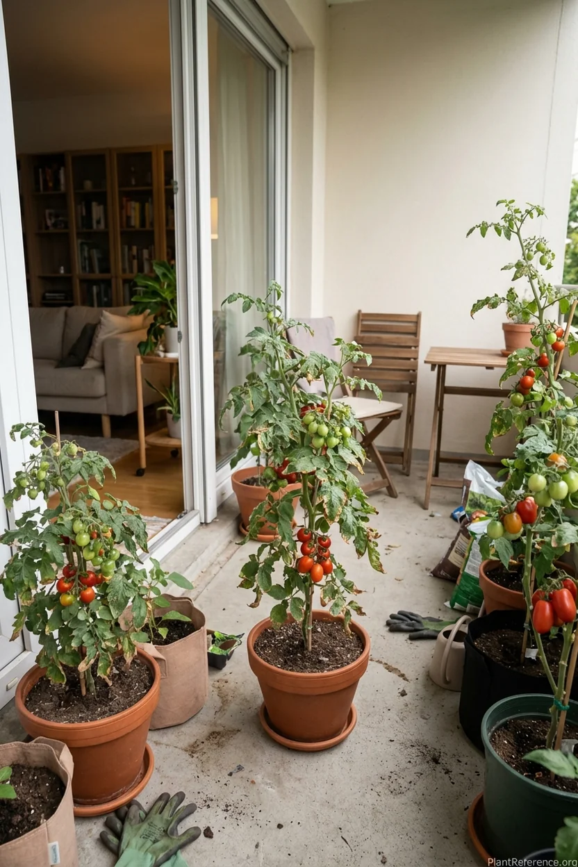 Compact determinate tomato varieties thriving in containers on windy balcony with protective measures