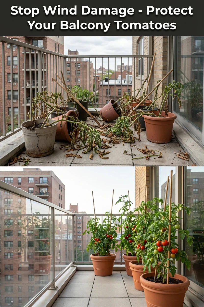 Before and after comparison showing tomato protection methods for windy balconies