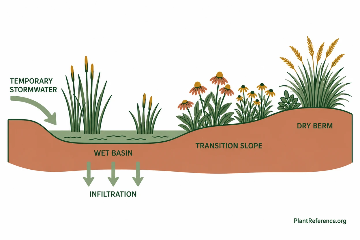Three-zone rain garden plant placement diagram