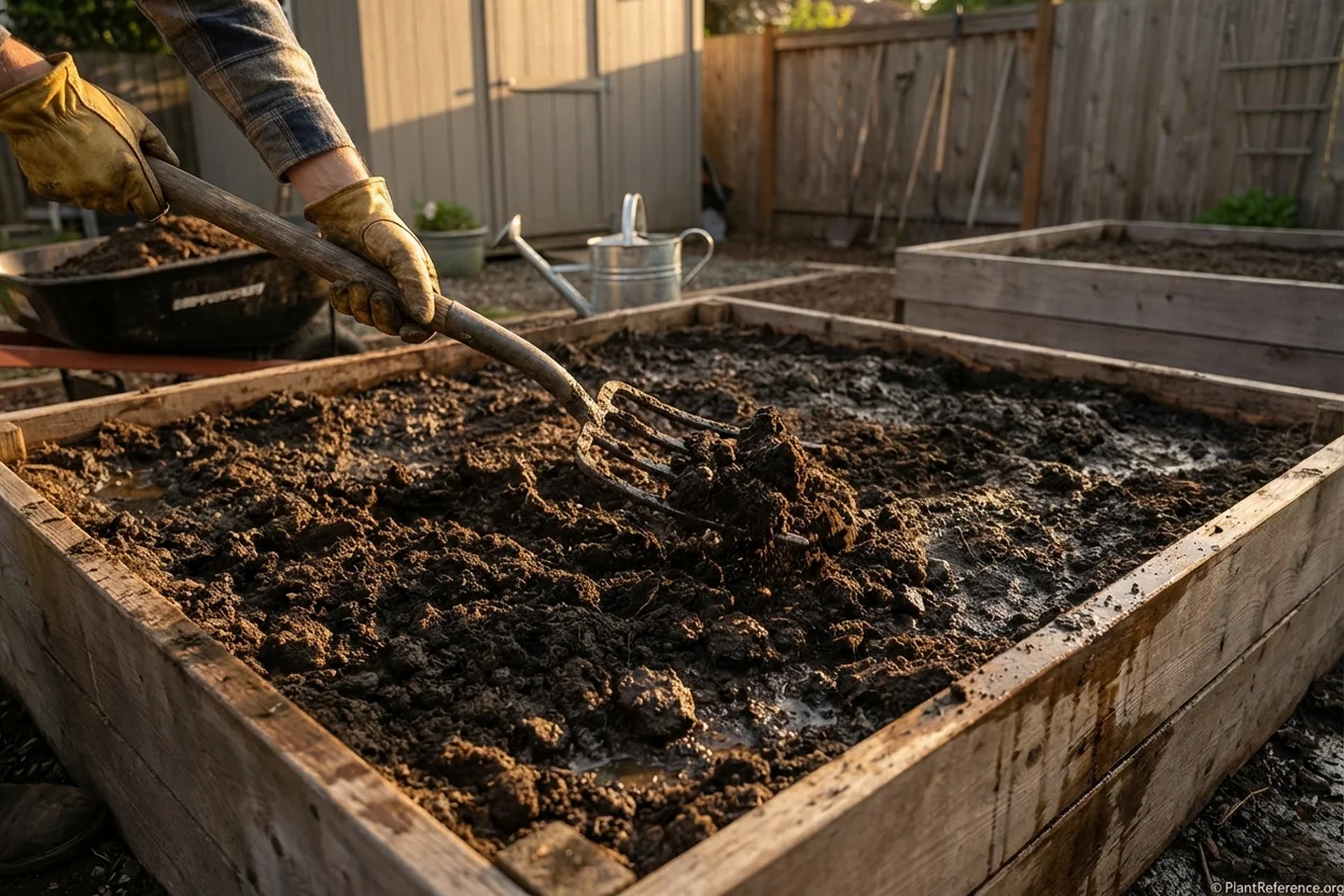 Using garden fork to aerate compacted raised bed soil for improved drainage